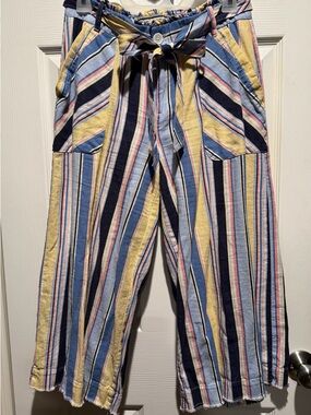 Versona Multicolor Striped Tie-Waist Cropped Pants — Blue, Yellow & Navy